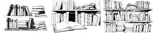 The bookshelf features a collection of modern books, some standing and others lying down