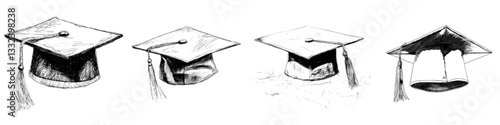 A modern doodle sketch of a university hat is isolated on a white background