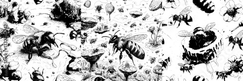 A seamless pattern of beekeeping themed objects in a hand-drawn, sketch style is presented on a white background in this modern illustration