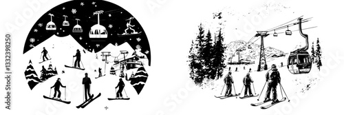 The concept of a ski resort includes skiing gear, attire, riding sledges with kids, skiing through forests, and utilizing modern ski lifts and cabins