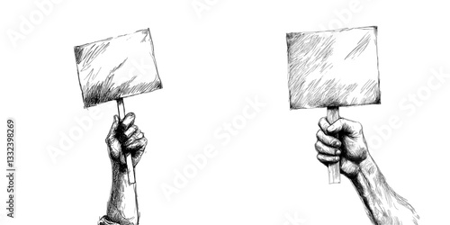 A modern illustration of a blank empty poster on demonstration, held in hands, is presented in a black and white hand drawn image, utilizing a scratch board style imitation through engraving