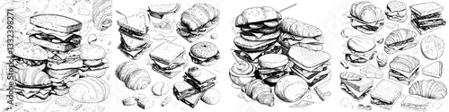 A modern set of hand-drawn outline sketches featuring sandwiches, pastries, and croissants, isolated on a white background