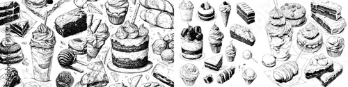 Desserts are illustrated in a vintage engraving style, including cake, pastry, ice cream, apple strudel, and muffin, as part of a hand-drawn modern set of fruit desserts