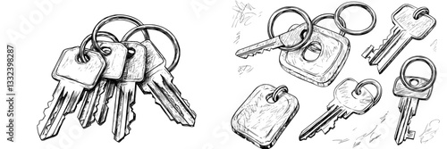 Illustrate manually a set of keys arranged on a clean white surface