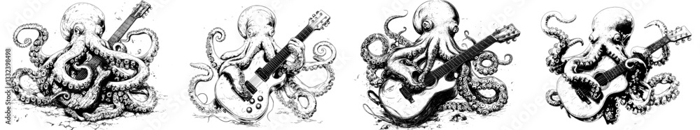 Fototapeta premium Modern illustration of an octopus playing an electric guitar is depicted in a scratch board style black and white hand drawn image