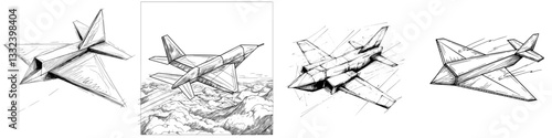 Modern illustration of paper airplane creation instructions is presented in a black and white hand drawn image with a scratch board style imitation and engraving