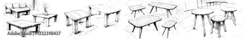 A realistic sketch of various tables drawn in perspective, with a table set