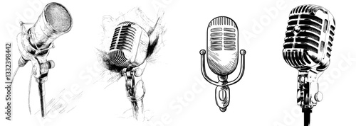 The illustration of a microphone is depicted through drawing, engraving, ink, line art, and modern techniques