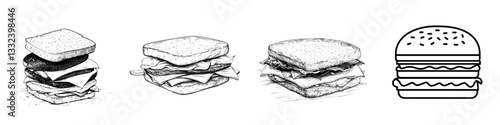 A hand-drawn ink sketch of a sub sandwich is presented as a modern black and white vintage illustration on a white background, ideal for menu design