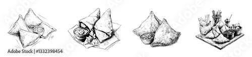 A sketch of Asian food, specifically vegetarian samsa served with tomato sauce, is representative of Indian cuisine