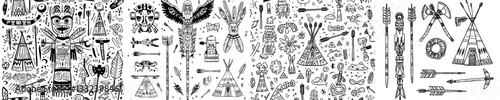 Traditional Native American objects include a wigwam, totem pole, canoe, and various weapons, all presented in a modern hand-drawn outline sketch illustration set