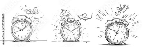 Modern illustration of a cracked, broken alarm clock, represented by a broken alarm clock icon, also depicted in a hand drawn broken alarm clock