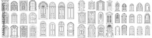 A seamless pattern of black and white doors for a coloring book, showcasing house entrance designs from medieval to modern times