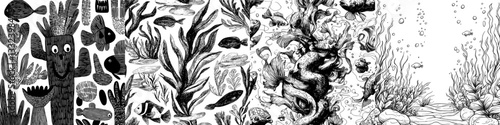 This modern hand-drawn line art features a doodle cartoon seamless pattern of marine life, ideal for use on fabrics, wallpapers, album covers, and phone cases