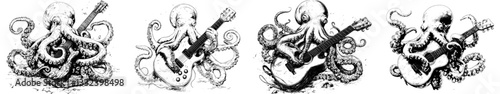 Modern illustration of an octopus playing an electric guitar is depicted in a scratch board style black and white hand drawn image