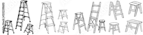 A set of step ladders is presented in a sketch format, comprising a collection of hand-drawn ladders on a white background in a modern sketch style illustration