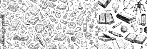 Back to school background consisting of a seamless pattern with creative elements and school supplies in a modern illustration