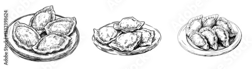 Modern hand-drawn ravioli is depicted in a detailed retro-style illustration, showcasing Italian cuisine, and can be used as a vintage sketch element for designing labels, packaging, and cards, with
