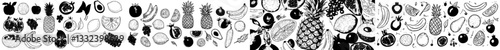 A set of illustrations in a flat hand-drawn style featuring a collection of fruit, along with tropical fruit and various graphic design elements, including colorful cliparts of ingredients, all in a