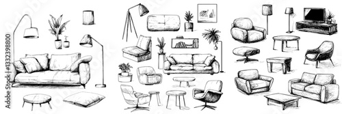 Create hand-drawn furniture sketches, including bookcases, chairs, sofas, tables, wardrobes, lamps, and home plants, all in a vintage style with isolated elements