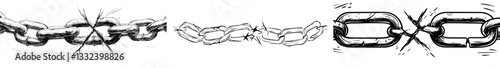 Iron Chain Protective Accessory is depicted in Monochrome Vector, showcasing a Separate Classic Chain for binding and safety, with Linked Rings Engraving Concept in a Layout that is Hand Drawn in a