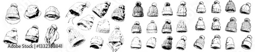 A collection of hand-drawn winter hats, including various knitted styles with pom poms and ear flaps, fisherman beanies, and sports caps, showcased in a modern sketch set