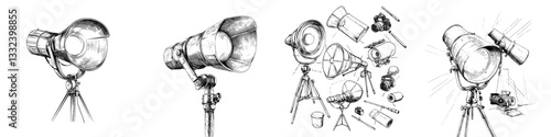 A modern illustration of a spotlight, floodlight, theatre, and projector is depicted in a sketch engraving style, suitable for a tee shirt apparel print design, created using a scratch board style