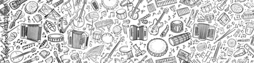A contemporary seamless design featuring musical instruments, created as a linear hand-drawn cartoon illustration