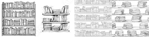 Modern isolated sketch illustration of a bookcase in black and white graphic