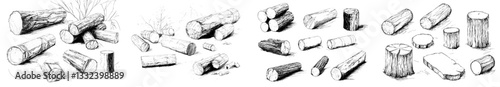Hand-drawn illustrations of lumber, including sketches of wood logs, trunks, and planks, along with stacked tree branches, are featured in this vintage and modern set of forestry construction