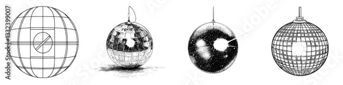 Monochrome modern illustration of Disco Ball Night Club Equipment, featuring an elegant mirror disco globe with a bright effect engraving concept template in a hand-drawn vintage style black and
