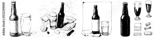 Modern illustration of a beer bottle and glass, created in a hand drawn sketch style