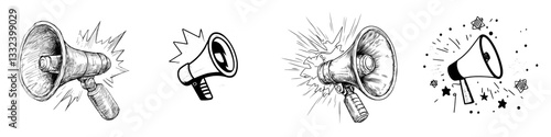 Modern illustration of a loud speaker icon and megaphone icon in a hand-drawn doodle style, eps