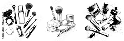 Doodle a modern cosmetics set, including false eyelashes, lipstick, perfume, powder, makeup brush, nail polish, foundation, and tweezers, to sketch beauty products