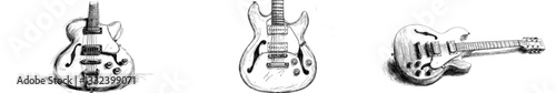 A hand-drawn, monochrome, vintage-style sketch of a semi-acoustic jazz bass guitar, suitable for a rock festival, blues, or ragtime poster, or t-shirt design, showcasing a classical stringed electro