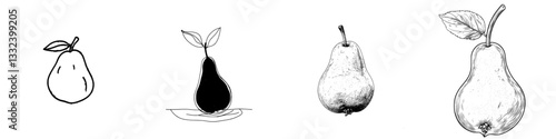 A modern illustration of a pear fruit is depicted in a sketch engraving style, suitable for a T-shirt apparel print design, with a scratch board imitation effect, presented as a black and white hand