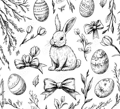 The Easter season is celebrated with a vintage sketch of eggs and chicken, accompanied by hand-drawn rustic chicks, a bunny, and spring blooming tulips, all presented in a modern set of farm products