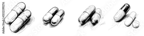 Illustration of two lengthy white capsules alongside medical equipment, symbolizing first aid, tablets, medication, and treatment