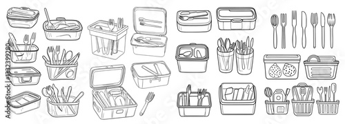 A collection of varied food containers filled with items like pasta, fruits, and vegetables, presented in a hand-drawn modern sketch style illustration