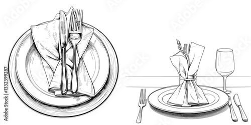 A contemporary hand-drawn illustration features a table setting, presented in a sketch style with vintage elements, including cutlery, in a modern sketch illustration