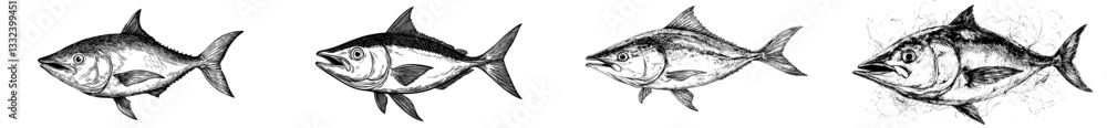 Obraz premium Tuna illustrations are hand drawn in a retro style, suitable for a modern logo template that can be used for a restaurant menu or a fish shop market