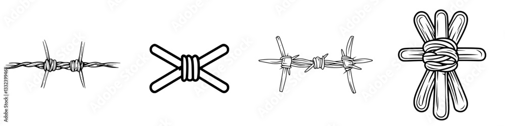 A hand-drawn illustration of a barbed wire sketch icon is presented in a horizontal view with a black contour silhouette, showcasing a modern flat graphic style on a white background as an isolated A hand-drawn illustration of a barbed wire sketch icon is presented in a horizontal view with a black contour silhouette, showcasing a modern flat graphic style on a white background as an isolated