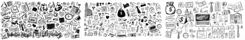 Collection of hand drawn doodle illustrations featuring money and banking related objects and elements on a white background in modern style