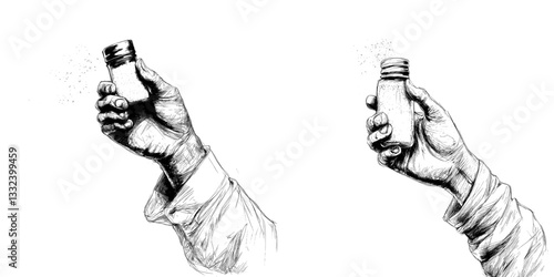 A modern illustration of a salt and pepper shaker, rendered in a hand sketch engraving style, is suitable for a T-shirt apparel print design, with a scratch board imitation effect, presented as a