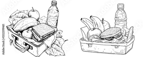 A hand drawn modern sketch outline illustration depicting a lunchbox accompanied by sandwiches, fruits, and a bottle of water