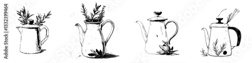An illustration of a tea kettle in an engraving style, suitable for a menu or cafe, is available, featuring a modern Arab coffee pot and an antique Arabian teapot, presented as a hand-drawn outline