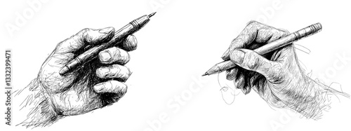 The design of a T-shirt apparel print features a modern illustration created by hand using a ballpoint pen, incorporating sketch engraving and a scratch board imitation in black and white