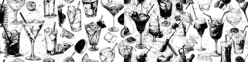 A seamless pattern of cocktails, featuring hand-drawn alcohol drinks with various glasses and goblets, suitable for wallpaper or a bar menu with a vintage modern texture, including sketches of