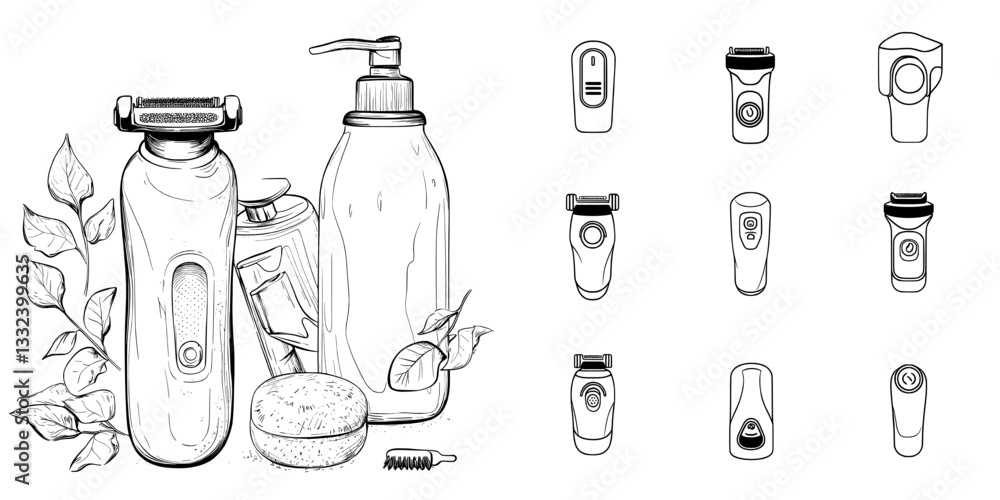 A contemporary illustration of shaving accessories, rendered in ink with a hand-drawn aesthetic, features a modern razor A contemporary illustration of shaving accessories, rendered in ink with a hand-drawn aesthetic, features a modern razor