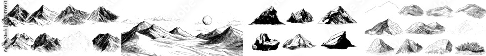 A hand drawn collection of mountain peaks is presented in doodle form, comprising pencil, pen, and ink sketches of various patterns, shapes, and hill or rock tops on a white background A hand drawn collection of mountain peaks is presented in doodle form, comprising pencil, pen, and ink sketches of various patterns, shapes, and hill or rock tops on a white background